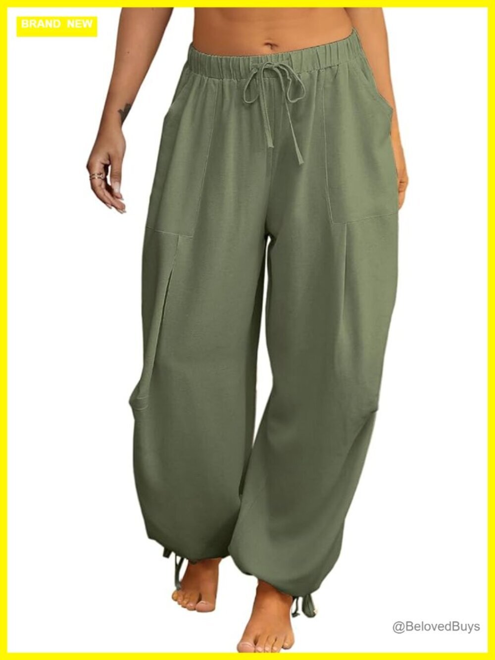 Linen Balloon Barrel Beach Pants Boho Harem Flowy Drawstring Casual with Pockets